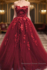 Burgundy Floral Lace Sweetheart Tulle Ball Gown Wedding Dresses